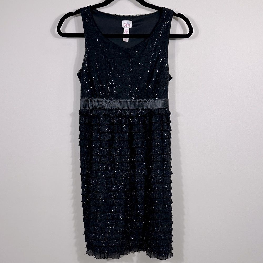 Justice Black Sequin Sparkle Tier Ruffle Party Holiday Sleeveless Dress Girls 16